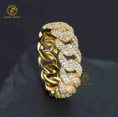 Hiphop Jewelry Cuban Link Ring 925 Silver Moissanite Diamond Ice Out Rapper Ring